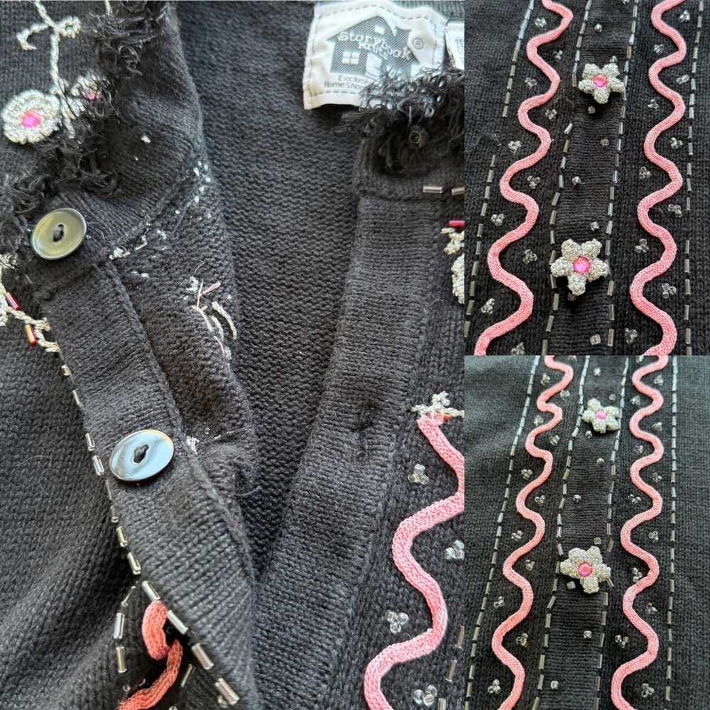 Storybook Knits Vintage M Black Floral Beads Fringe Cardigan Sweater Cottagecore - Picture 13 of 16